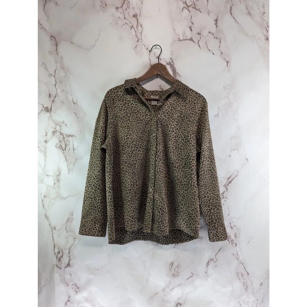 Chicos Shirt Women Large 12 2 Button Up Leopard Cheetah Non Iron Cool Max